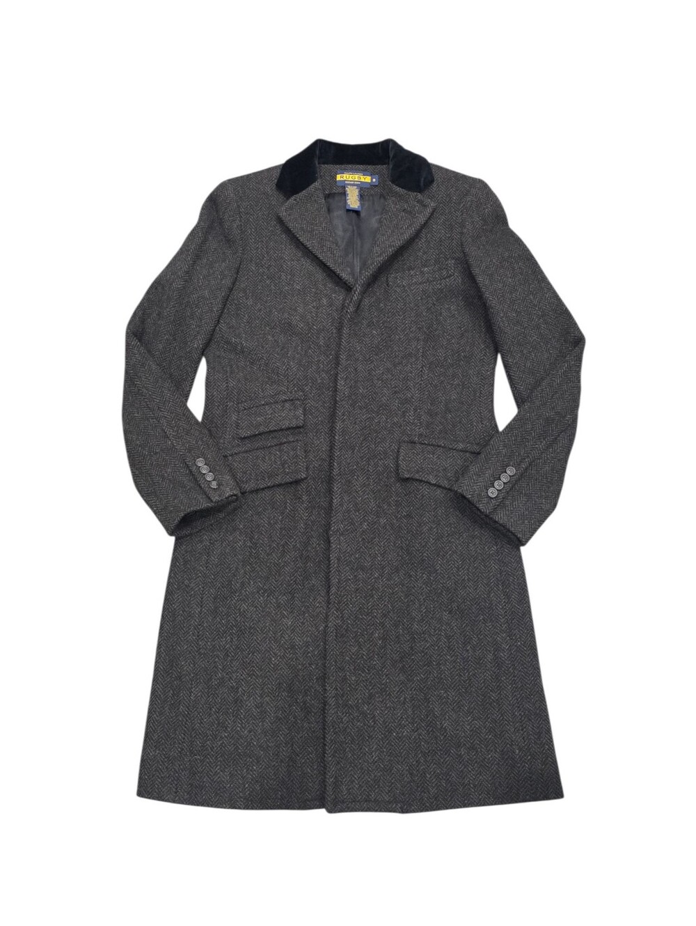 Rugby Ralph Lauren Charcoal Herringbone Wool Velvet Collar Chesterfield Coat 8